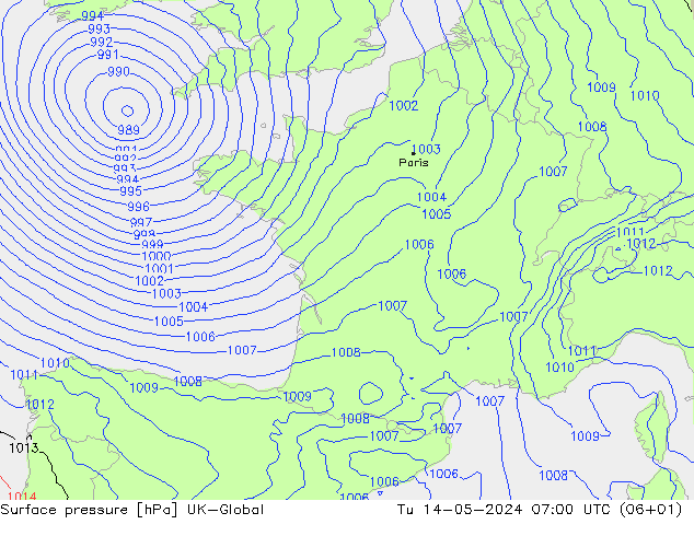 Pressione al suolo UK-Global mar 14.05.2024 07 UTC