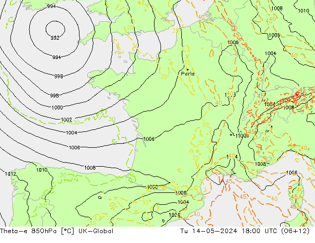 Theta-e 850hPa UK-Global mar 14.05.2024 18 UTC
