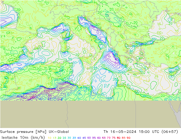 Isotachs (kph) UK-Global Čt 16.05.2024 15 UTC
