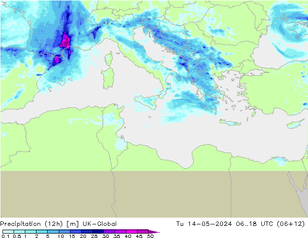 Precipitation (12h) UK-Global Út 14.05.2024 18 UTC
