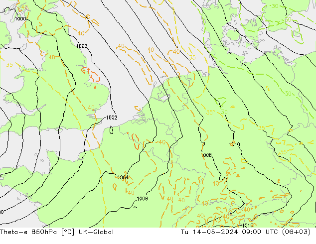 Theta-e 850hPa UK-Global mar 14.05.2024 09 UTC