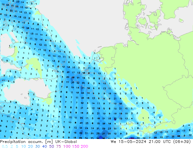 Precipitation accum. UK-Global Qua 15.05.2024 21 UTC