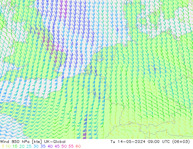 风 850 hPa UK-Global 星期二 14.05.2024 09 UTC