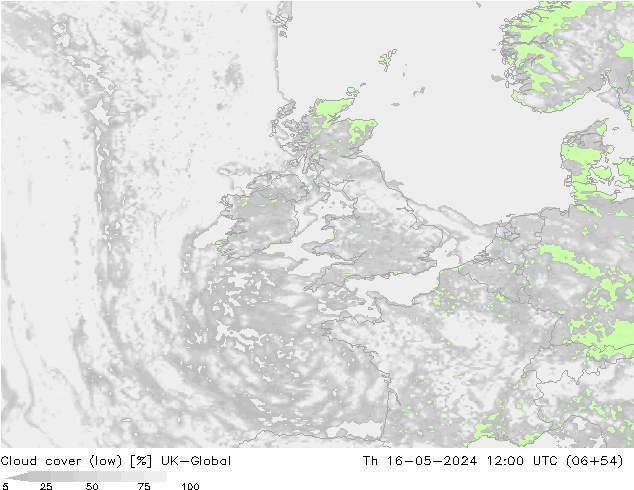 Cloud cover (low) UK-Global Th 16.05.2024 12 UTC