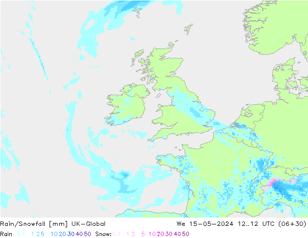 Rain/Snowfall UK-Global śro. 15.05.2024 12 UTC