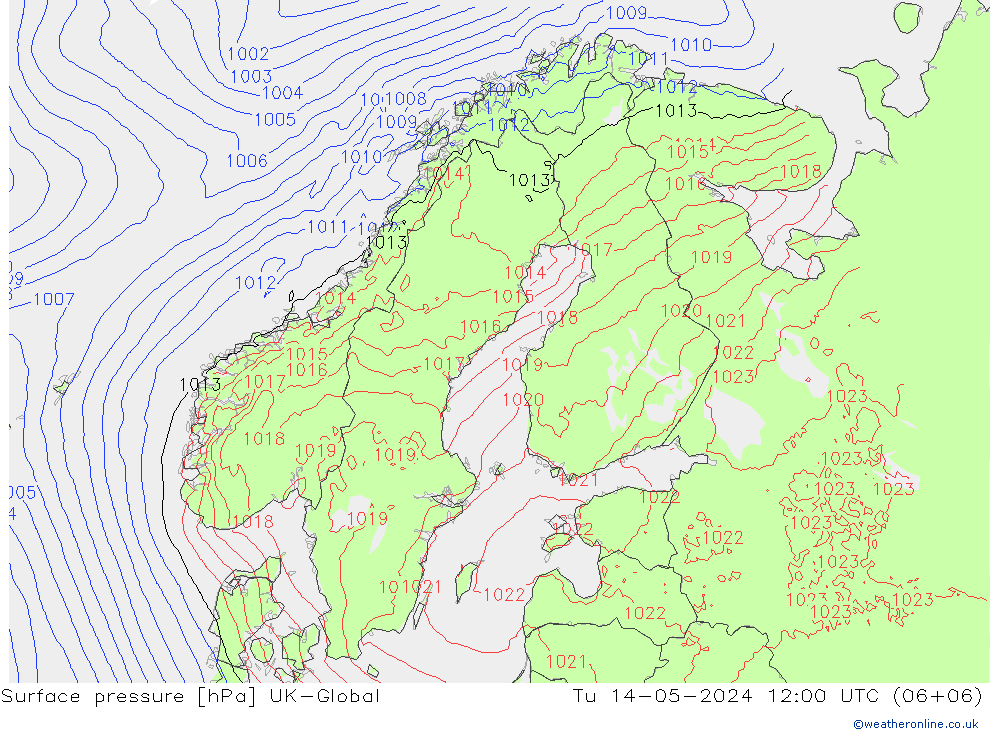 Surface pressure UK-Global Tu 14.05.2024 12 UTC