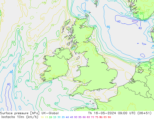 Isotachs (kph) UK-Global Th 16.05.2024 09 UTC