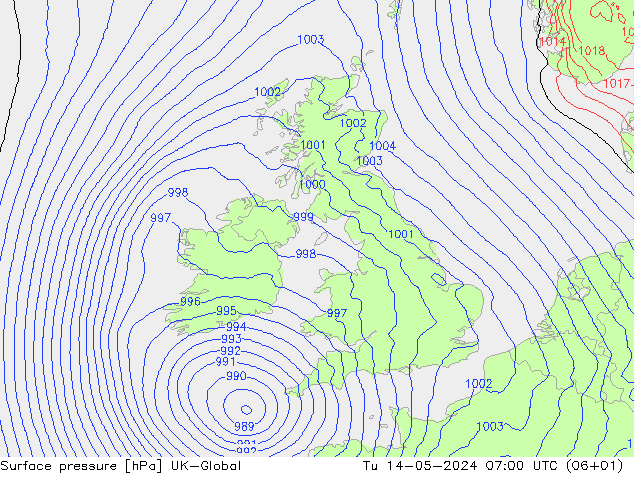 Surface pressure UK-Global Tu 14.05.2024 07 UTC