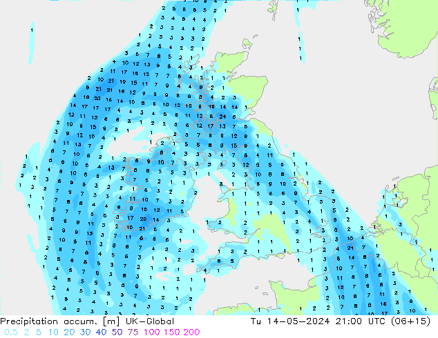 Precipitation accum. UK-Global Tu 14.05.2024 21 UTC
