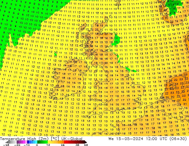 Max.temperatuur (2m) UK-Global wo 15.05.2024 12 UTC