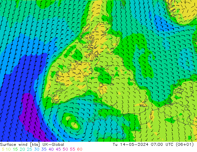 ветер 10 m UK-Global вт 14.05.2024 07 UTC
