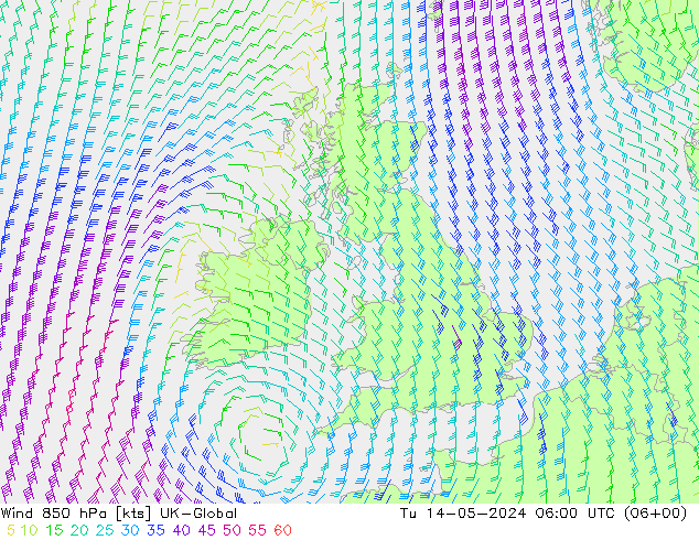 Wind 850 hPa UK-Global Út 14.05.2024 06 UTC