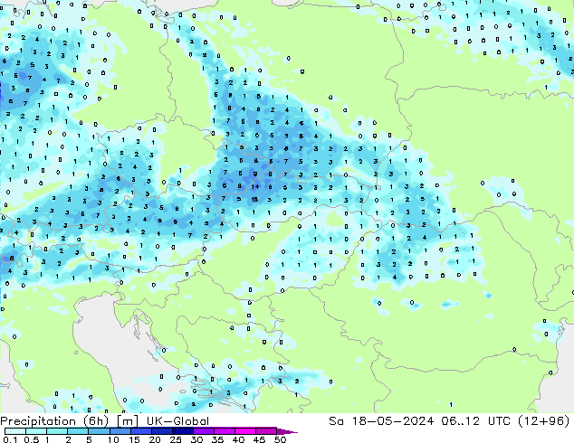 Precipitación (6h) UK-Global sáb 18.05.2024 12 UTC