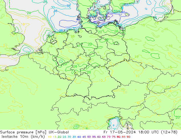 Isotachs (kph) UK-Global Fr 17.05.2024 18 UTC