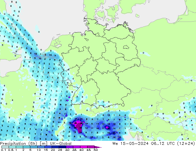 Precipitazione (6h) UK-Global mer 15.05.2024 12 UTC