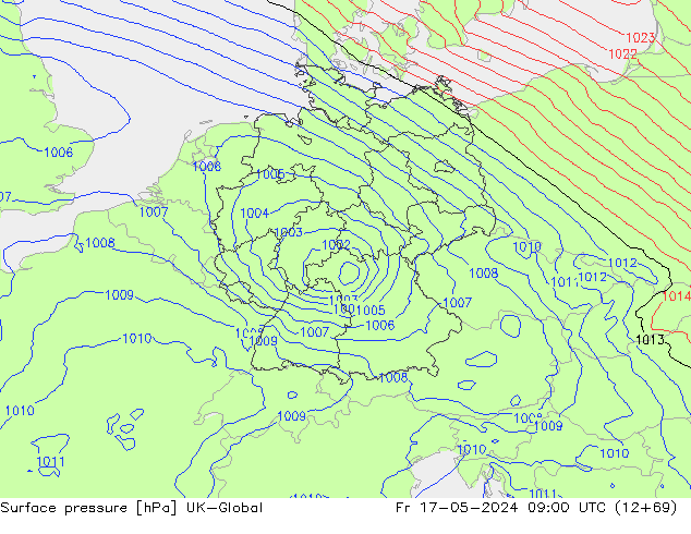 Pressione al suolo UK-Global ven 17.05.2024 09 UTC