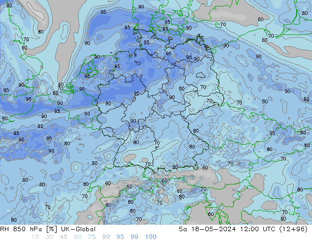 Humidité rel. 850 hPa UK-Global sam 18.05.2024 12 UTC