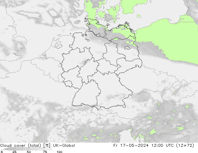 Cloud cover (total) UK-Global Fr 17.05.2024 12 UTC