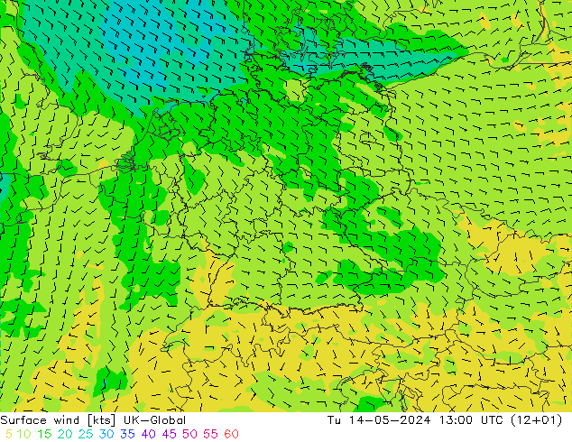 Surface wind UK-Global Út 14.05.2024 13 UTC