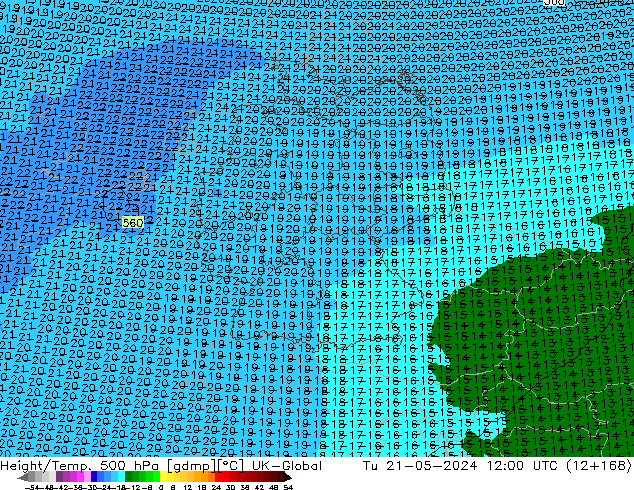 Hoogte/Temp. 500 hPa UK-Global di 21.05.2024 12 UTC