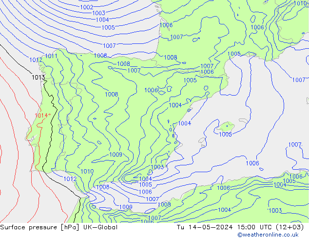 Surface pressure UK-Global Tu 14.05.2024 15 UTC