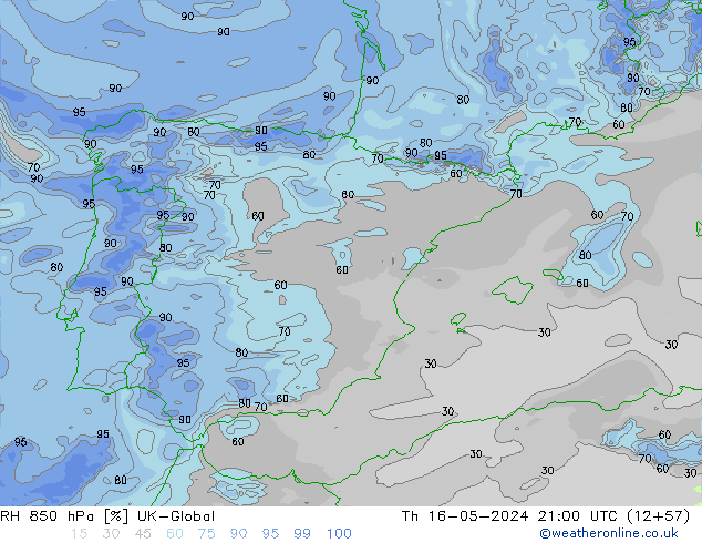 Humidité rel. 850 hPa UK-Global jeu 16.05.2024 21 UTC