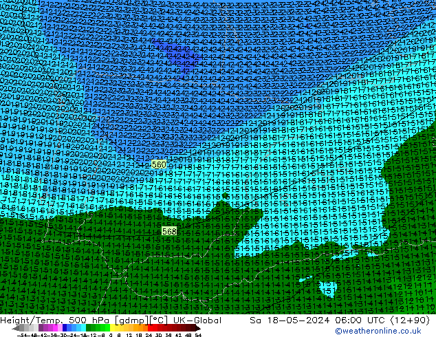 Hoogte/Temp. 500 hPa UK-Global za 18.05.2024 06 UTC