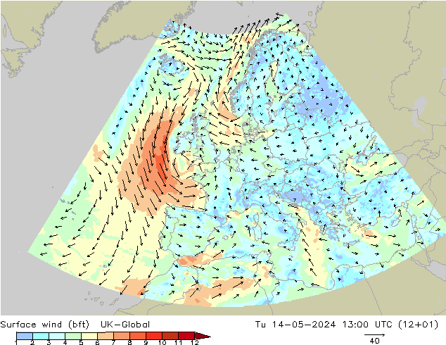 Surface wind (bft) UK-Global Tu 14.05.2024 13 UTC