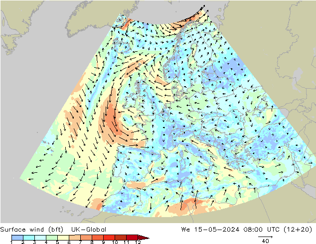 Surface wind (bft) UK-Global We 15.05.2024 08 UTC