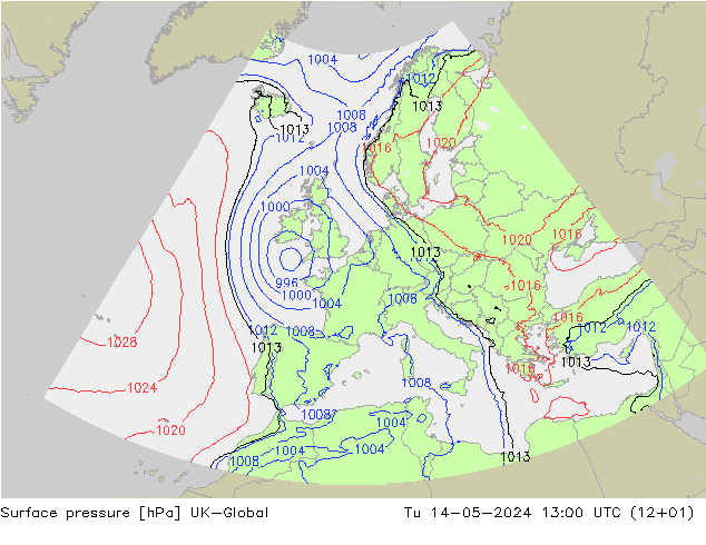 Surface pressure UK-Global Tu 14.05.2024 13 UTC
