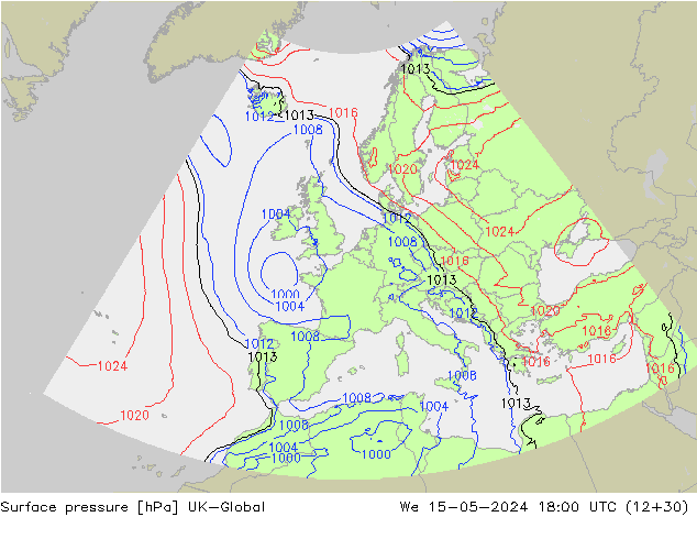 Pressione al suolo UK-Global mer 15.05.2024 18 UTC
