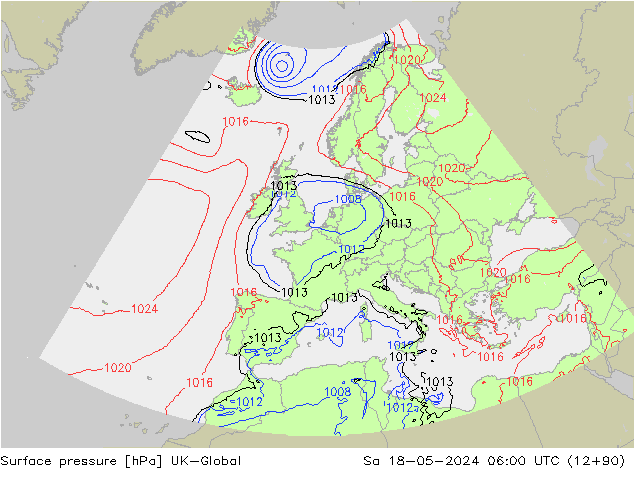Atmosférický tlak UK-Global So 18.05.2024 06 UTC
