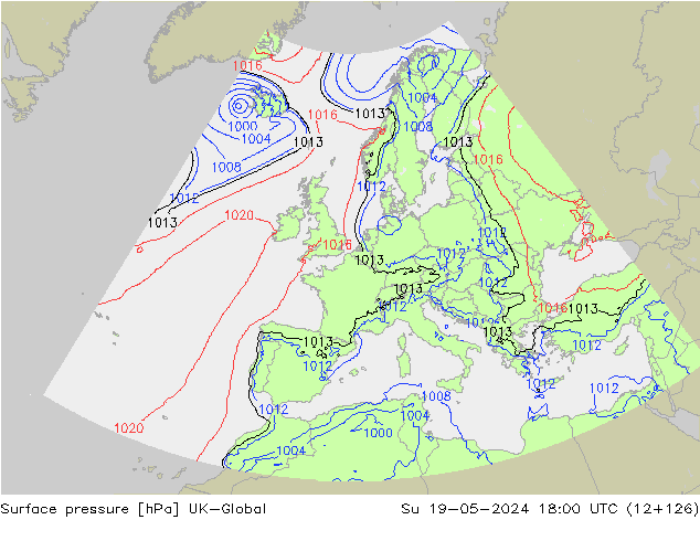 Pressione al suolo UK-Global dom 19.05.2024 18 UTC