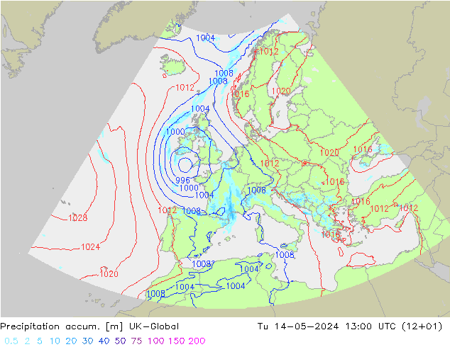 Precipitation accum. UK-Global Út 14.05.2024 13 UTC