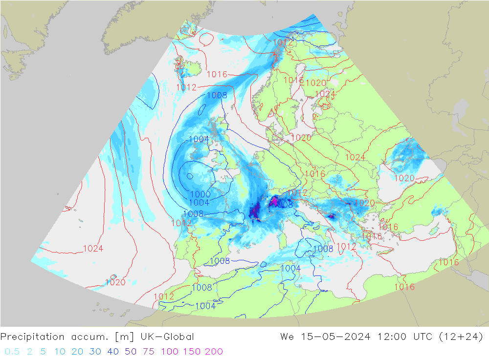 Toplam Yağış UK-Global Çar 15.05.2024 12 UTC