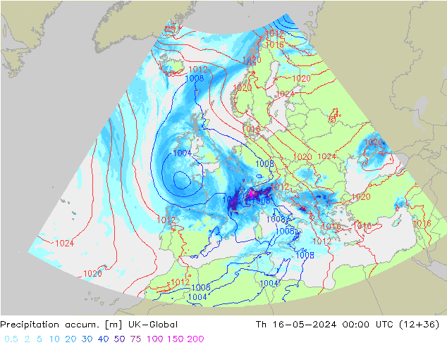 Precipitation accum. UK-Global gio 16.05.2024 00 UTC