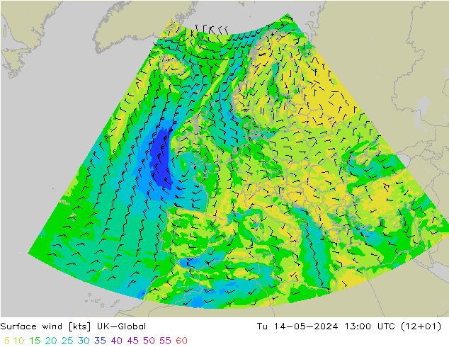 Surface wind UK-Global Tu 14.05.2024 13 UTC