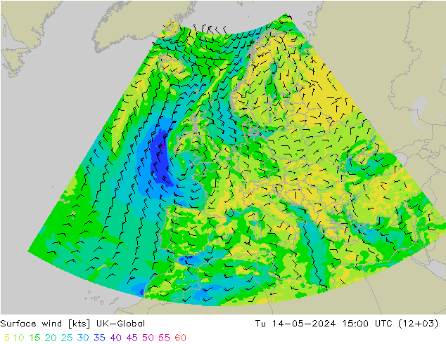Surface wind UK-Global Tu 14.05.2024 15 UTC