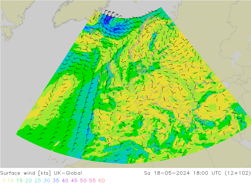 Surface wind UK-Global So 18.05.2024 18 UTC