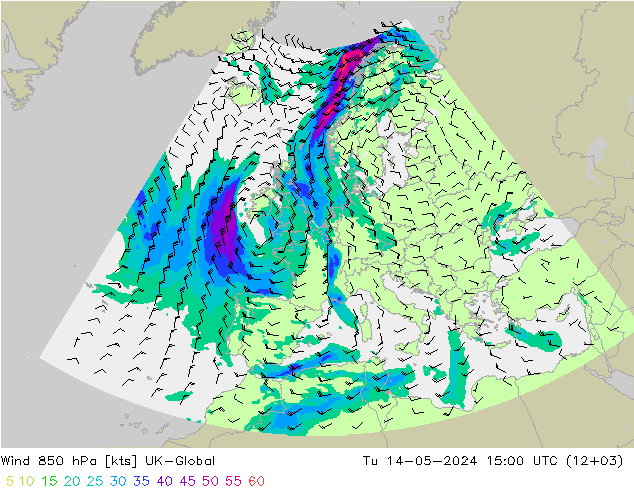 Wind 850 hPa UK-Global Tu 14.05.2024 15 UTC