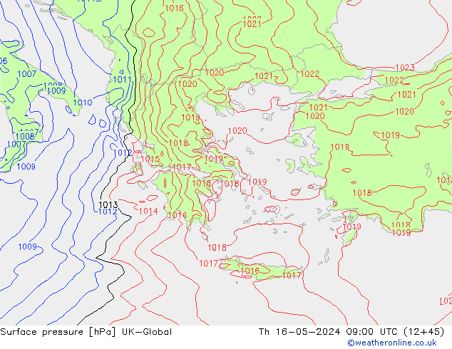 Pressione al suolo UK-Global gio 16.05.2024 09 UTC