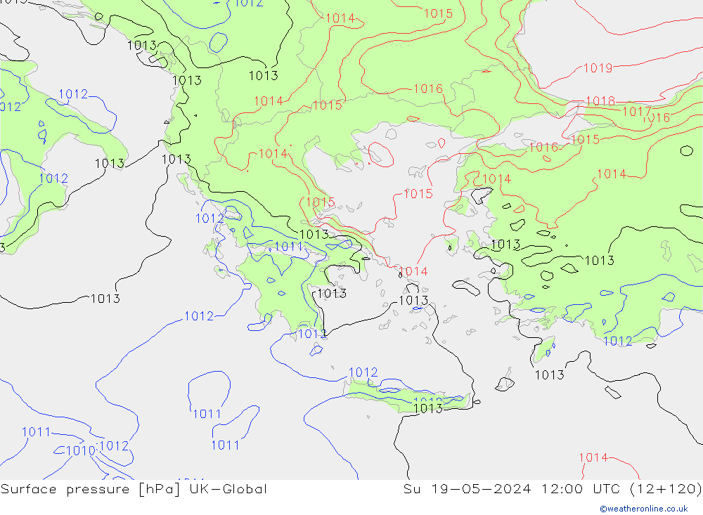 Pressione al suolo UK-Global dom 19.05.2024 12 UTC