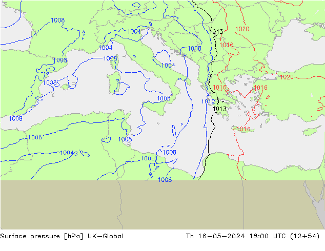 Pressione al suolo UK-Global gio 16.05.2024 18 UTC