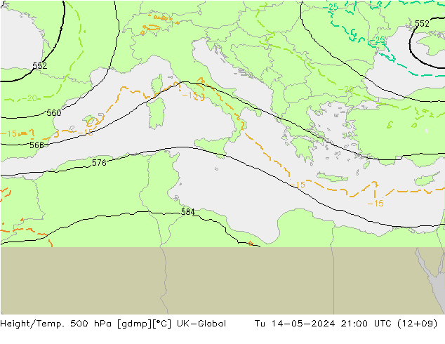 Height/Temp. 500 hPa UK-Global Út 14.05.2024 21 UTC