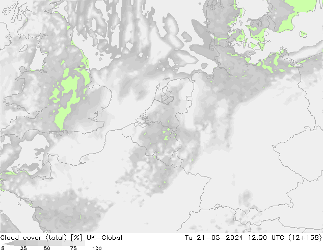 Cloud cover (total) UK-Global Út 21.05.2024 12 UTC
