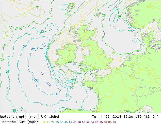 Eşrüzgar Hızları mph UK-Global Sa 14.05.2024 13 UTC