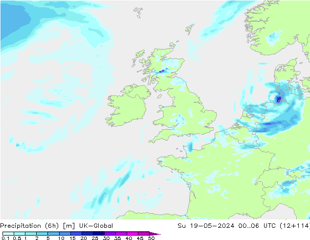 Precipitation (6h) UK-Global Su 19.05.2024 06 UTC