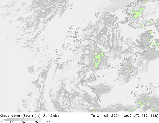 Cloud cover (total) UK-Global Út 21.05.2024 12 UTC