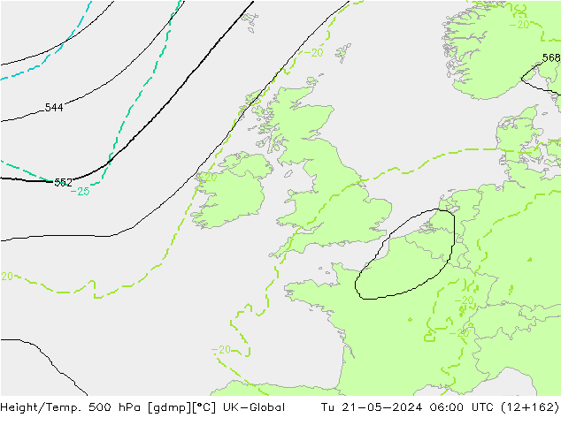 Height/Temp. 500 гПа UK-Global вт 21.05.2024 06 UTC