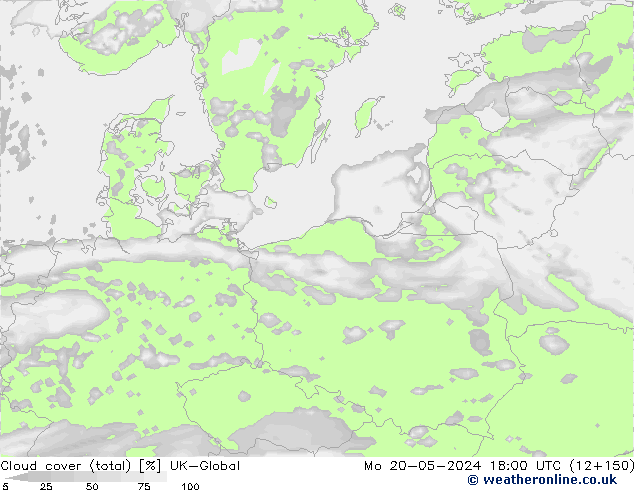 Cloud cover (total) UK-Global Mo 20.05.2024 18 UTC